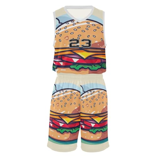 FLildon Cartoon Burger Boys Basketball Jersey Set Tank Top Shorts Tracksuit Sport Training Suit for Kids