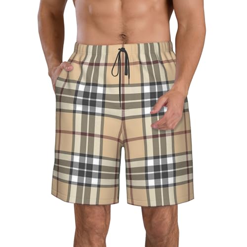 Beige Plaid Tartan Checkered Boardshorts Men's Casual Swim Trunks Quick Dry Drawstring Beach Swim Shorts