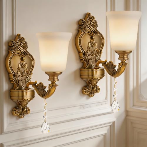 Image of 2-Pack Retro Gold Wall Sconce with Milk White Glass Shade, K9 Crystal Pendant, Hardwired Vintage Wall Lamp Lighting Light Fixture, Iron Backplate for Bedroom Hallway Living Room, 13.3x5.9 Inches