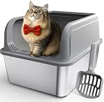 Powools Boîte à litière en acier inoxydable pour chatons, boîte à literie en métal avec scoop, haut anti fuite, non-sticky, facile à nettoyer, gris, M (1 Boîte)