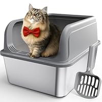 Powools Stainless Steel Cat Litter Box, Metal Kitty Litter Box with Scoop, Anti-Leakage Top Entry, Non-Sticky, Easy to Clean, Grey, L (1 Pack)