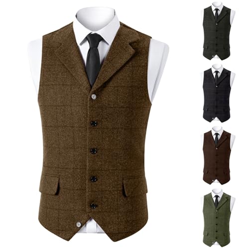 Mens Vintage Plaid Suit Vest Slim Fit Notch Neck Waistcoat Formal Casual Work Vests Tuxedo for Wedding or Business