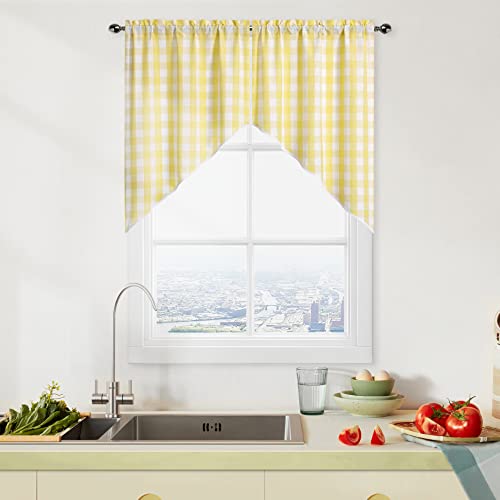 Yellow and White Autumn Buffalo Plaid Swag Valance Cafe Curtains Farmhouse Kitchen Curtain 36 Inch Long,Rustic Gingham Check Small Window Treatment for Kitchen Bathroom,28" x 36",Yellow/White,Set of 2
