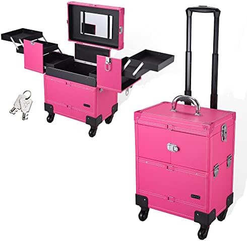 BYOOTIQUE Pink Rolling Makeup Train Case for Artist Beauty Trolley Cosmetic Organizer Box Handle Mirror w/ 4 360-degree Wheels Waterproof