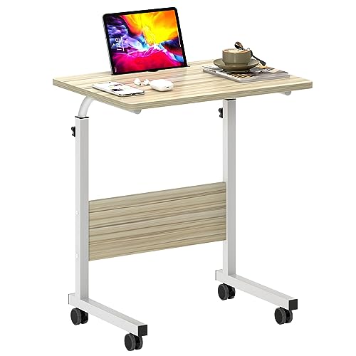 SogesHome Laptoptisch 60 * 40cm höhenverstellbar PC-Tisch mit Rollen, Betttisch, Beistelltisch,Kleiner Schreibtisch,Desktop mit Nut,Weißer Ahorn 05#3-60MP-SH