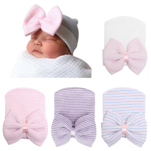 Image of Newborn Baby Girl Hats with Bow No Scratch Cotton Toddler Infant Hat Beanie Caps Soft Newborn Hospital Hat 0-3 Months