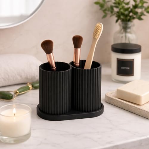 Image of Aesthetic Toothbrush Holder for Bathroom, Dual Cup Ribbed Design, Toothbrush & Toothpaste Organizer Stand, Modern Bathroom and Stationery Accessories Holder