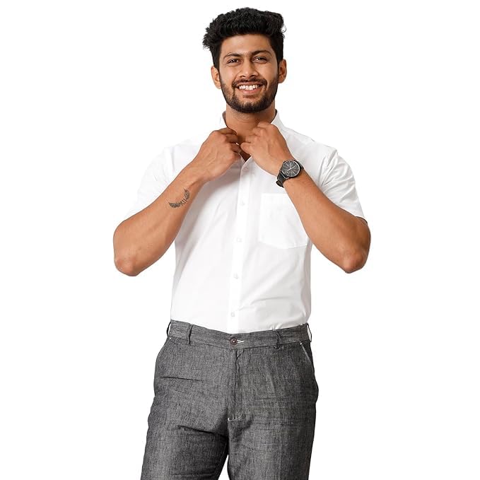 Image of RAMRAJ COTTON Men Solid Regular Fit Half Sleeve Ethnic White Cotton Blend Shirt