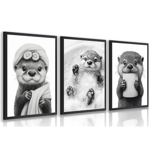 LLEEMPI 面白いバスルームウォールアート3枚セット かわいいアライグマポスタープリント、ユーモア動物キャンバス絵画、ファッション ミニマリストブラック ホワイト 壁装飾 トイレ 保育園 寝室 木製フレーム 40.6x61.0 cm（Amazon）