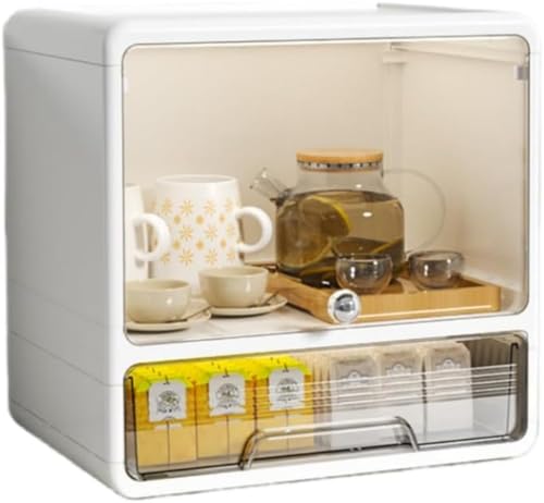 Conutooミニカップボードカウンター上収納コップ 食器棚 収納棚防塵 防湿 扉付き ボックス 多機能 ラック 卓上食器棚 お茶碗ボックス 大容量 簡単 化粧品 小物 透明扉付き 雑貨収納 仕切り 整理整頓 家庭用 (1層フラップ+1層長引き出し,ホワイ