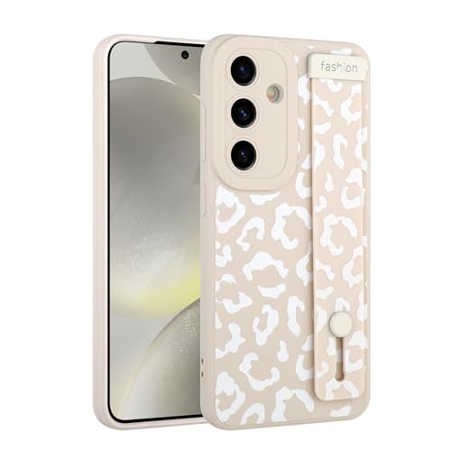 Image of Compatible with Samsung Galaxy S24 Case with Strap Wrist White | Cheetah Print Shockproof Soft TPU Protective Cover for Women Girls, Slim Anti Scratch Case 6.2 Inch, White