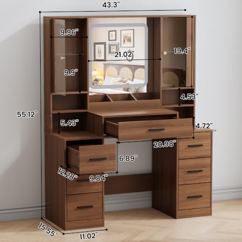 Image of BORNOON Vanity Desk with Mirror and Lights, Makeup Vanity with 7 Drawers, 2 Glass Door Cabinets, Charging Station, Adjustable Shelves, RGB Lighting, Holder