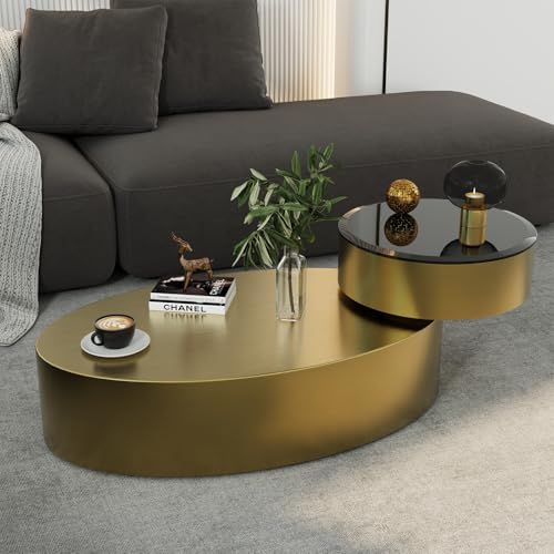 Oval Rotating Coffee Table with Tempered Glass Top, 2-Tier Design...
