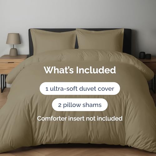 Image of Duvet Cover Queen Size Set - Extra Soft Queen Duvet Cover 90 inch x 90 inch with 2 Pillow Shams for Women, Men, Kids & Teens - Hotel Luxury, Easy-Care w / Zipper Closures & Ties - Comfy and Breathable (Khaki)