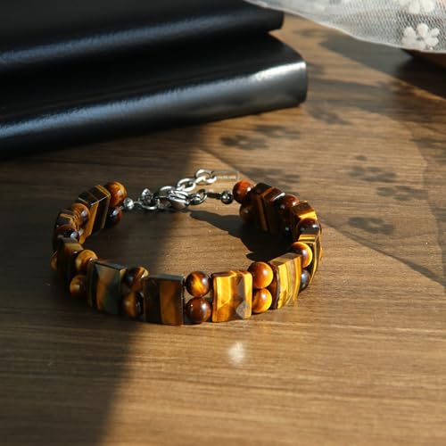 HASKARE Protection Crystals Mens Tiger Eye Bracelet, Natural Stone Men Beads Bracelet with Durable Steel Wire Clasp Unique Men Jewelry Gift for Father2
