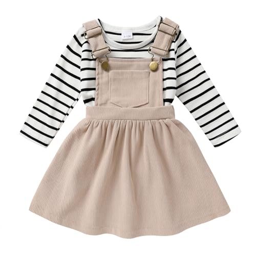 Image of Toddler Baby Girl Fall Outfit Long Sleeve Stripe T-Shirt and Strap Dress Overall with One Pocket Clothes Sets