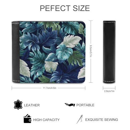 Dark Blue And White Tropical Leaves Soft PU Leather Bifold Wallet, Coin Purse Credit Pass Case, Durable Card-Holder Slim Billfold for Men Woman Money Storage2
