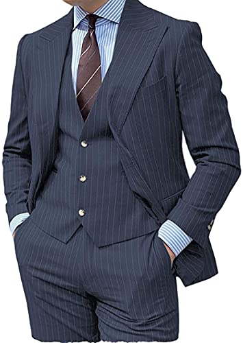Mens Suit Slim Fit 3 Pieces Formal Pinstripe Suits One Button Wedding Groom Tuxedos