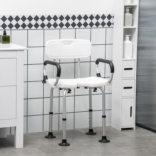 HOMCOM Silla Ducha Personas Mayores Silla para Ducha Taburete de Ducha Antideslizante con Respaldo Altura Ajustable Asiento en U y Apoyabrazos Abatible Carga 136 kg - imagen 9