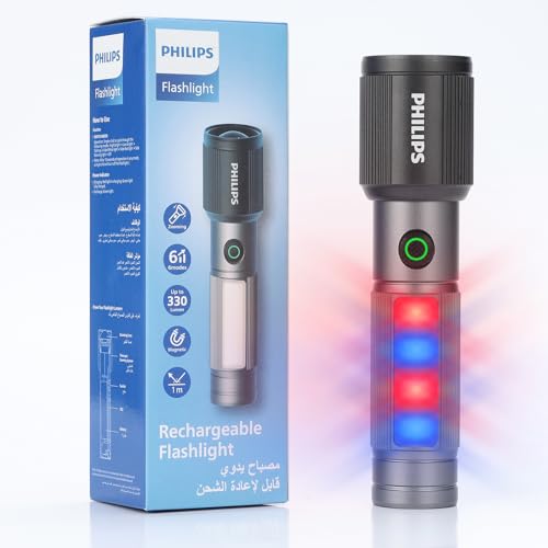 Image of Philips Torch Rechargeable, 7W Magnetic Torch & Side Bright Light, 330 Lumens Emergency Flashlight, 325M Coverage, 2000mAh Battery, Telescopic Zoom, Lightweight Flash Light for Home, Camping, Hiking