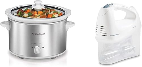 Hamilton Beach Cocina de cocción lenta de 4 cuartos con tapa de gres apta para lavavajillas, acero inoxidable (33140 V) y batidora de mano eléctrica