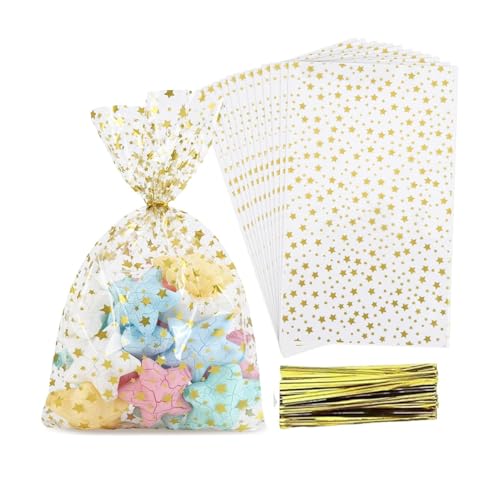 Candy Bags Goody Bags Plastic Clear Treat Bags Party Bags Cellophane Bags with Twist Ties for Bakery,Birthday, Wedding,Party (gold, 12.5 * 27cm)