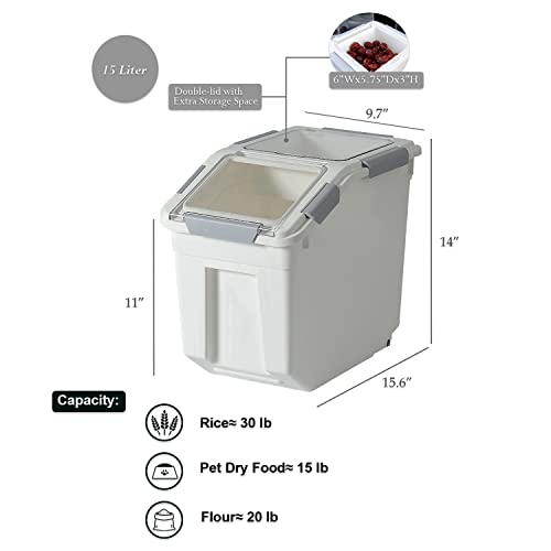 Hanamya 15 Liter / 15 Lbs Pet Food Storage Container With Measuring Cup, Bpa Free, For Dog Food | Cat Food | Rice | Grain | Flour, White & Gray, 2 Counts #TOP2