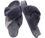 KuaiLu Women's Fuzzy Platform Slippers Comfortable Orthotic Arch Support Furry Faux Fur Ladies Open Toe Slides Cross Band Sandals Plantar Fasciitis Slip on House Shoes Indoor Outdoor Grey Size 12