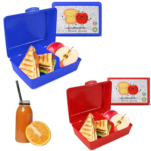 Mypicompany. 2 Fiambrera Infantil Rectangular. 2 Loncheras para Niños con Dibujos Divertidos. Caja Almuerzo Infantil Libre de Bpa. 2 Fiambrera Niños en Color Rojo y Azul.