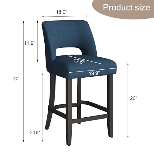 Image of VKNOW Bar Stools Set of 4, 26 inch Upholstered Counter Height Bar Stools | Modern Counter Stools with Black Rubberwood Legs for Kitchen Island Dining Room Bar, Blue-Black Legs