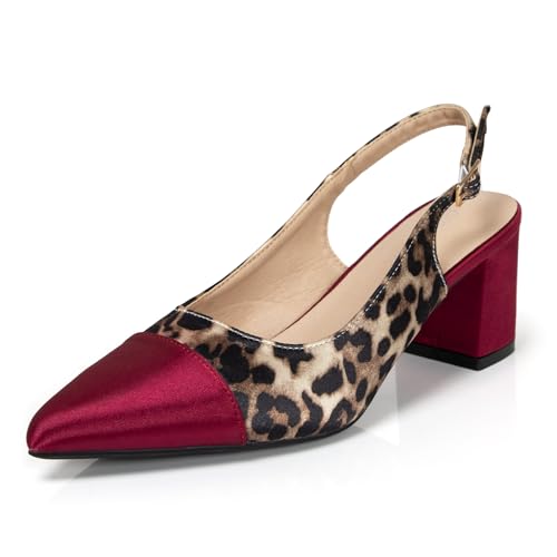 qibusleen Escarpins à bride arrière en satin à bas bloc de 5,8 cm pour femme avec bout pointu imprimé léopard sangle de cheville confortables deux tons pour soirée, fête, bal de fin d'année, Bordeaux