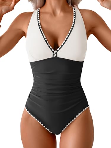 Image of B2prity One Piece Swimsuit for Women Tummy Control Ruched Bathing Suit Push Up Tie Back Swimwear Shell Stitched