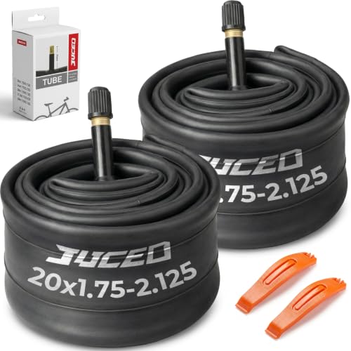 JUCEO 20 Inch Bike Tubes 20x1.75/1.95/2.10/2.125 Butyl Bike Inner Tubes 2 Pack with 2 Tire Levers 35mm Schrader Valve Replacement Tube for BMX Mountain Cruiser & Electric Bikes Easy to Install