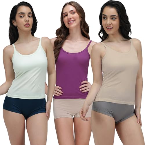 Image of Amul Comfy Pack of 3 Pure Cotton Soft Light Weight Solid Women Camisole(Assorted Colours May Vary)