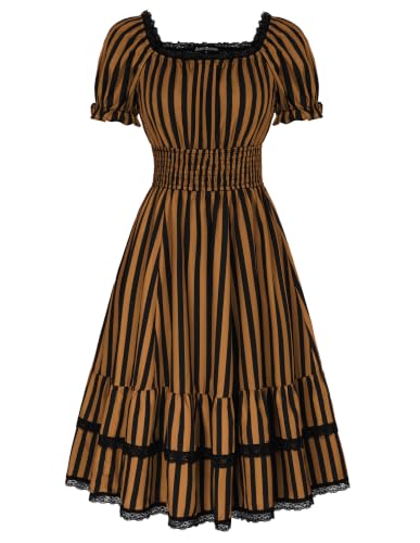 Image of Scarlet Darkness Womens Gothic Pirate Corset A Line Midi Dress with Pockets | Convertible square /off shoulder midi dress with puff short sleeves, stretch smocked waist, side pockets, tiered A-line hem