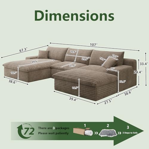 Image of 107 inch Cloud Couch Modular Sectional Sofa for Living Room, U-Shape Boneless Couch with Deep Seat, Modern Corduroy 3-Seater with Ottoman, No Assembly Required (Camel,Left-Facing Chaise)
