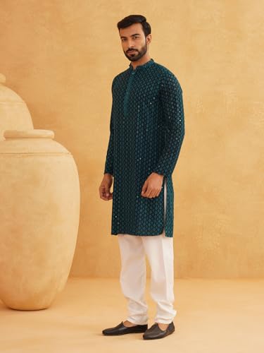 Image of SOJANYA Men's Coffee Brown Cotton Blend Kurta with Intricate Embroidery & Subtle Sequin Work
