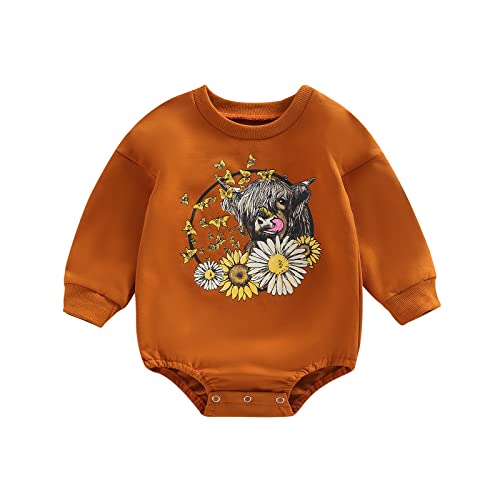 Image of Lamuusaa Western Baby Girl Boy Clothes Long Sleeve Romper Sweatshirt Cow Print Bodysuit Oversized Sweater Fall Outfit 0-24M