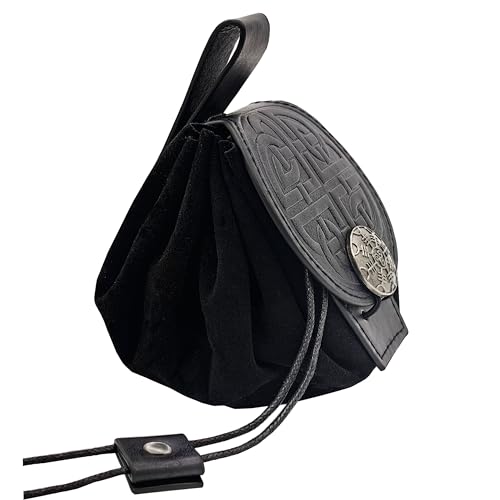 Medieval Faux Leather Pouch Nordic Viking Drawstring Coin Purse Dice Bag LARP Halloween Costume (Black A)2