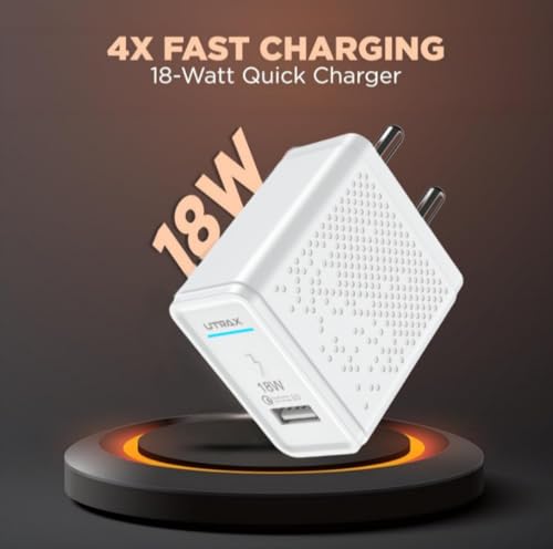 Image of Utrax 18W Single Port QC 3.0 Fast Charger | Quick Charge 3.0 | 3.0A Output | Compact Wall Adapter | Compatible with Samsung Galaxy, Xiaomi, Redmi, Oppo & All QC 3.0 Devices (White)