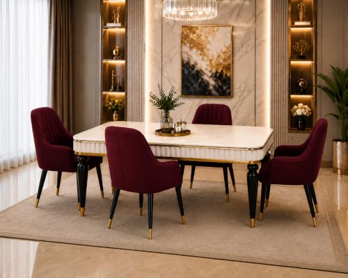 Image of 4 Seater Dining Table Set with Nano Composite Marble Top, Solid Wood Base & 4 Upholstered Chairs, Modern Dining Table Set for Home & Dining Room Furniture (Maroon, White Marble Top, 4 Seater)