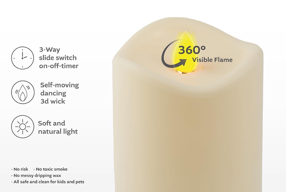 Glowing Creations Flameless Candle - Set of 3 Ivory Pillar Candle with Remote Control, Battery Operated LED Flickering Electric Fake Candles, New Home Gifts Engagement Wedding Birthday Dinner Decor