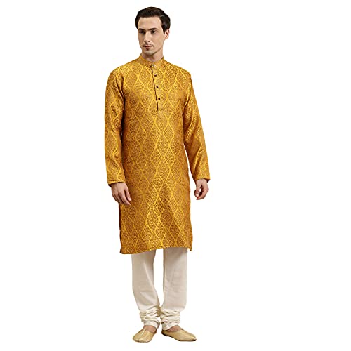 Sojanya (Since 1958) Men'S Jacquard Silk Mustard & Gold Kurta, Size 40