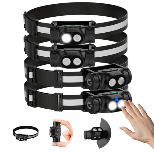 Spriak Rechargeable Running Headlamp, High Lumens Bright Head Lamp Led with Motion Sensor, 4 Modes, Magnet, Detachable Flashlight & Headband for Adult, Outdoor, Emergency, Hard Hat Light 4PC