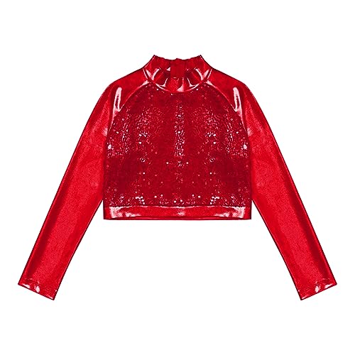JanJean Girls Metallic Long Sleeve Dance Crop Tops Kids Mock Neck Athletic Tops Hip Hop Jazz Gymnastics Ballet Dancewear Red 14 Years