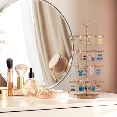 Image of MODOWEY 4 Tier Metal Rotating Earring Holder Organizer Stand Adjustable Display Tree for Women, 384 Holes and Grooves Rack Tower for Pierced Dangle, Large Capacity Space-Saving Jewelry Hanger, Bronze