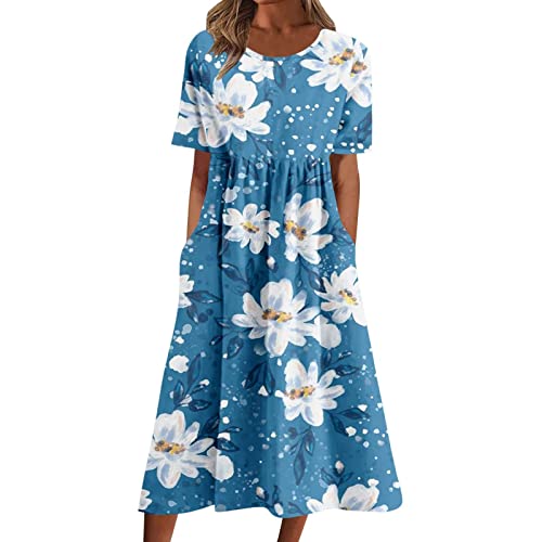 Generic Women's Blue Floral Print Maxi Dress - XL (X_L) - Short Sleeve, Round Neck, Loose Fit - Adult, Casual, Spring-Summer-Fall - Dress