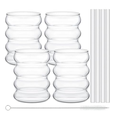 mixed24 4er Set Trinkgläser 350ml Wellenform inkl. 4x Glashalm, 1x Reinigungsbürstchen, geeignet als Wasserglas, Cocktailglas, Latte Macchiato, Cappucino, Longdrink, etc.