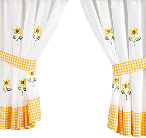 PCJ SUPPLIES Sunflower Yellow Embroidered Gingham Kitchen Curtains Drapes 46" X 42"