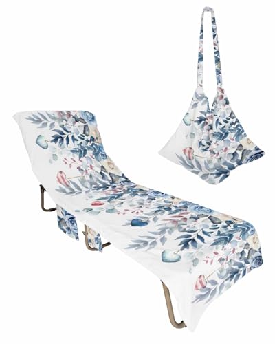 Valentine's Blue Rose Beach Chair Towel Covers for Chaise Lounge with Side Pocket, Soft Plush Pool Towels Cover for Patio Sunbathing Outdoor 29''x85'' Spring Weeping Eucalyptus Leaves
